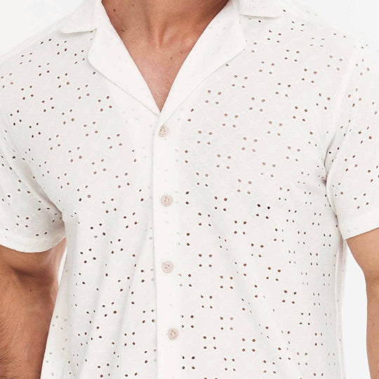 Off-white button-up shirt with V-neck collar, English embroidery dot pattern