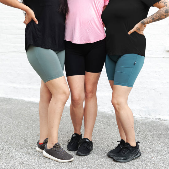 3-pack biker shorts: black, teal &amp; slate; high-rise, fitted.