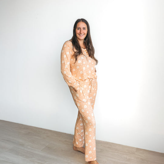Women’s pajama set peach ribbed knit with rainbow print, long-sleeve top and pants
