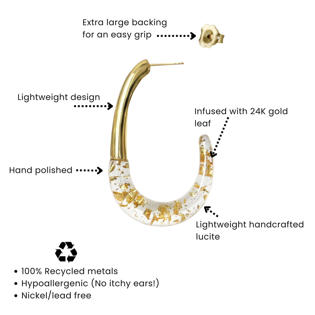 J Hoop earrings mit klarem Mittelteil, goldenen Enden und Goldblatt-Optik