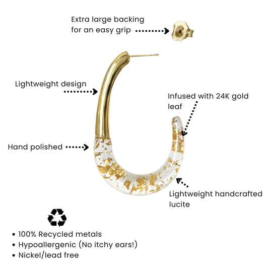 J Hoop earrings mit klarem Mittelteil, goldenen Enden und Goldblatt-Optik
