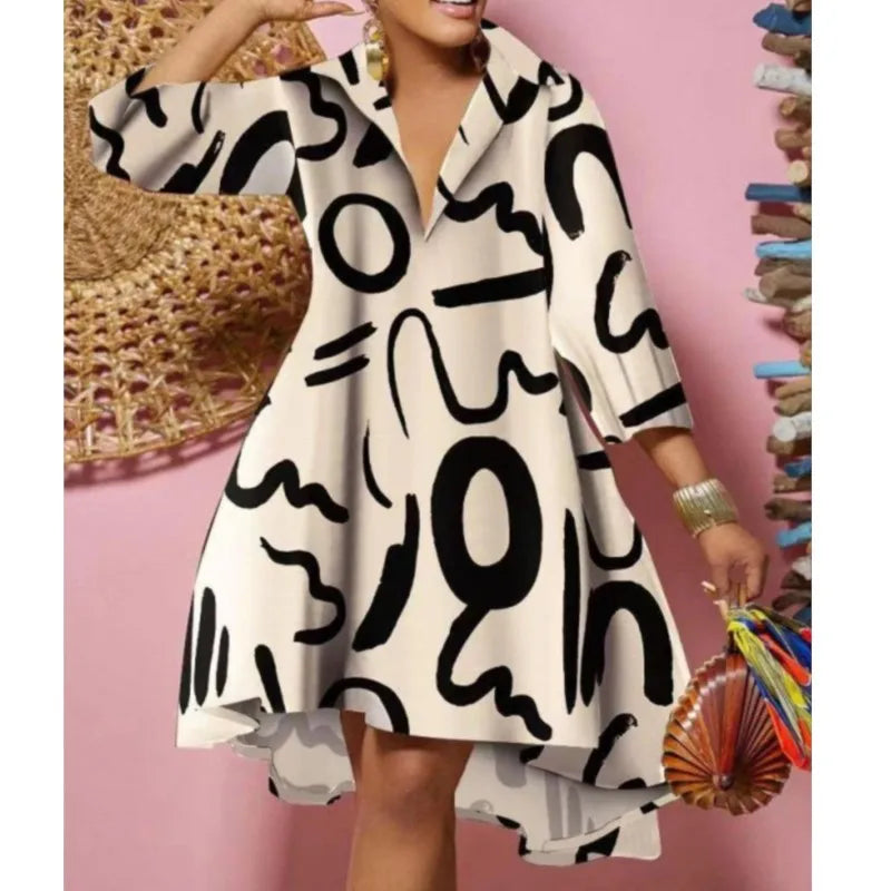 Printed shirt dress, black-and-white abstract pattern, V-neck, long sleeves, loose fit