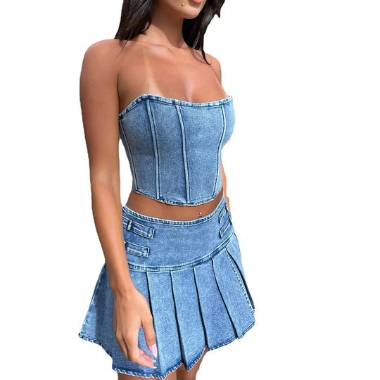 Denim-Set: trägerloses Crop-Top + Falten-Minirock, blau
