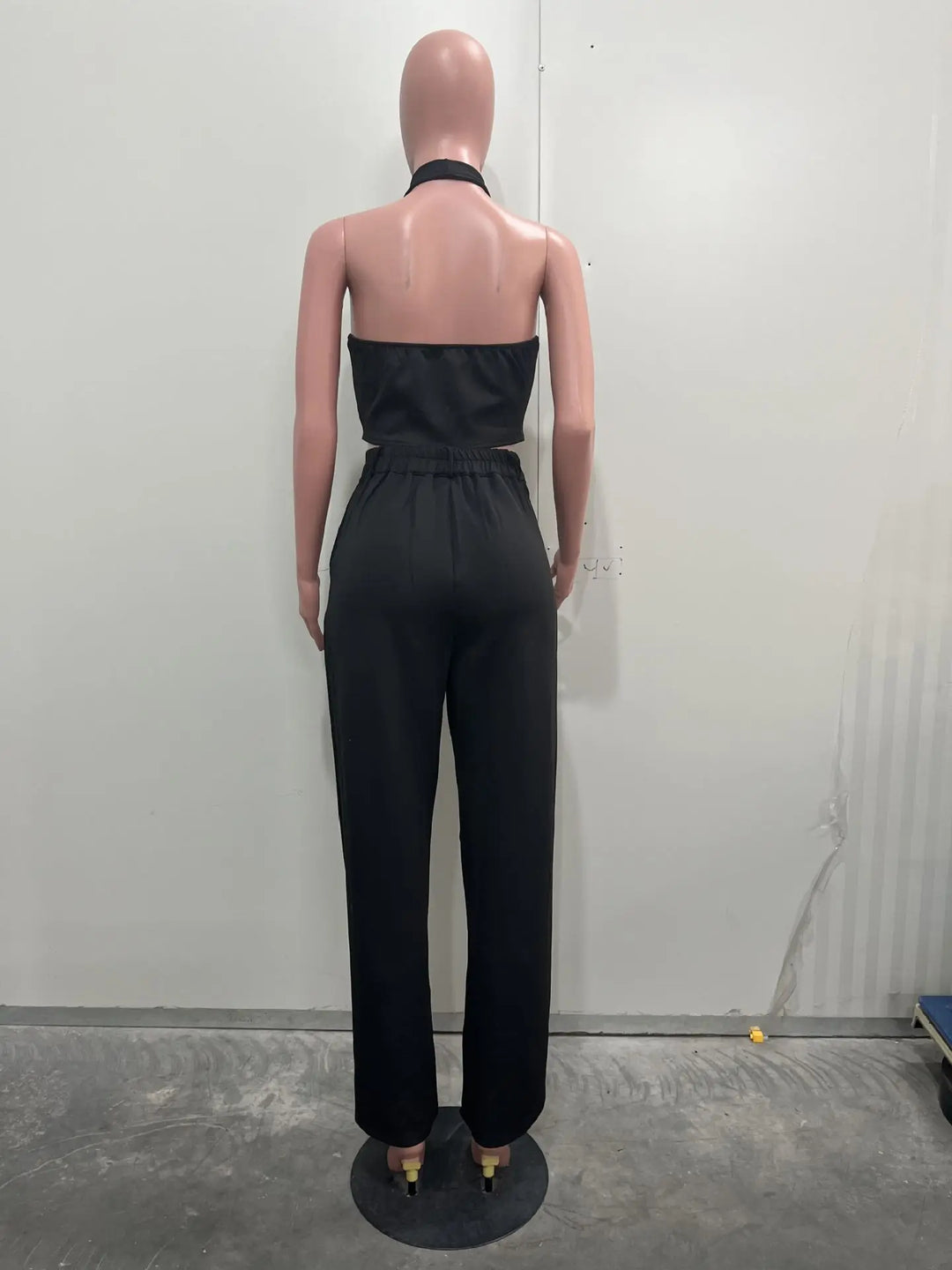 Two-piece dashiki tracksuit set (back view): halter jumpsuit-style pants set, black
