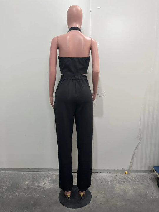 Two-piece dashiki tracksuit set (back view): halter jumpsuit-style pants set, black