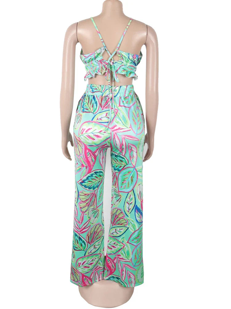 Beyprern Women Tropical Leaf Printed Lace-Back Crop Top And Wide Legs Pant Set Summer Ruched Floral Tracksuits Set Beach Outfits