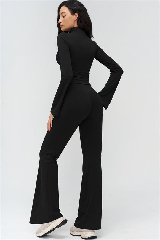 Black cropped zip jacket and flared leggings, athletic 2-piece set (side profile)