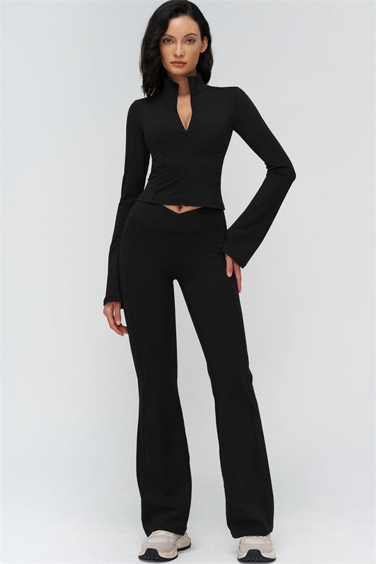 Black zip-front cropped jacket with flared leggings, athletic 2-piece set (front pose)