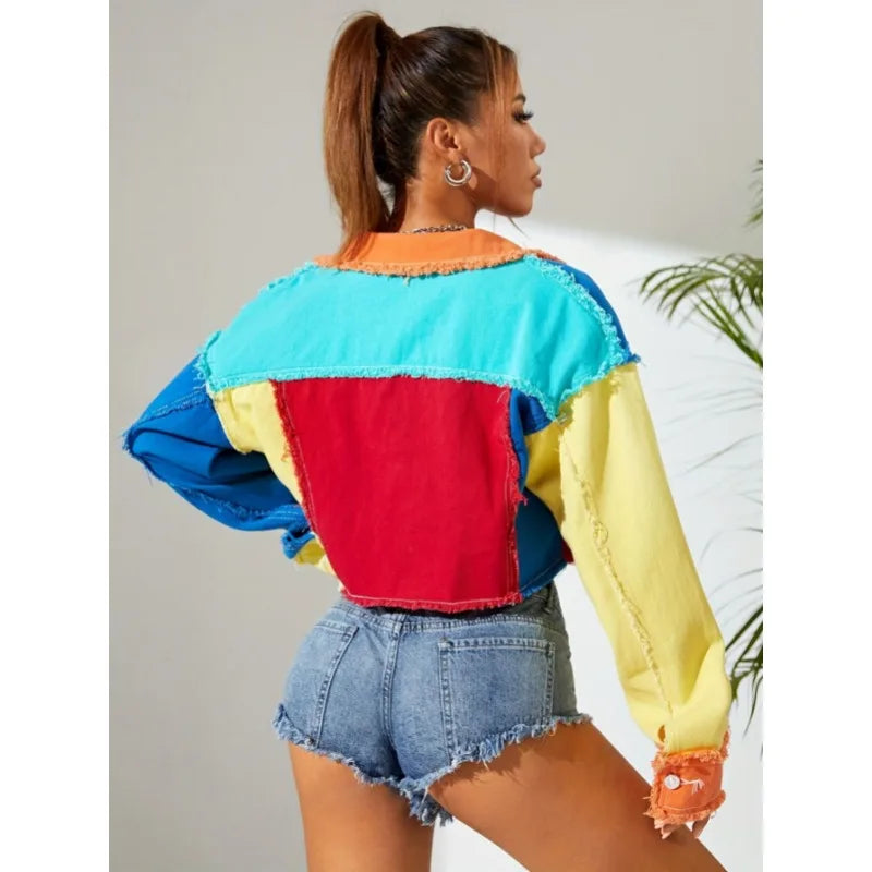 Back view patchwork denim jeans with multicolor panels and frayed edges