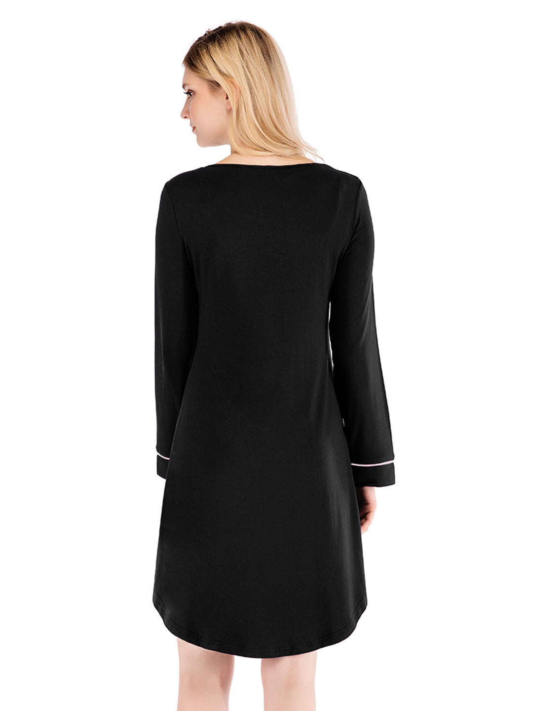 Rückansicht Nachtkleid mit Tasche, Schwarz, Rundhalsausschnitt, 3/4-Ärmel