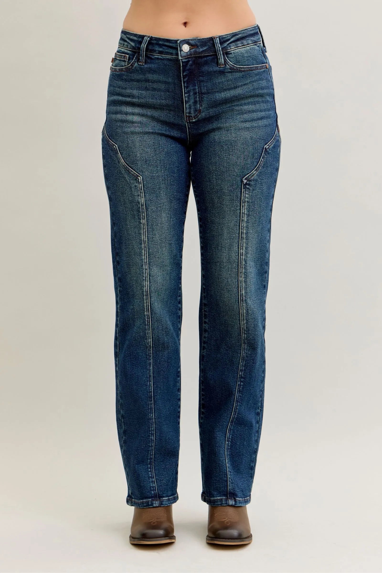 Dark straight-leg full-size jeans with seam detail, button waist and front pockets