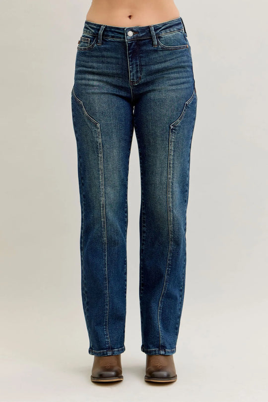 Dark straight-leg full-size jeans with seam detail, button waist and front pockets