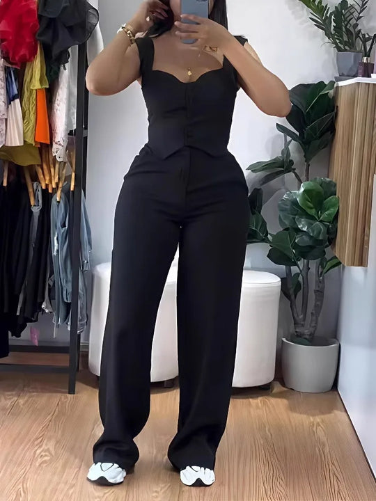 Chic Women Suit Y2k Sexy Two Piece Set Summer Sleeveless Slim Vest And Wide-leg Trouser Sets Elegant Solid Pants Women&