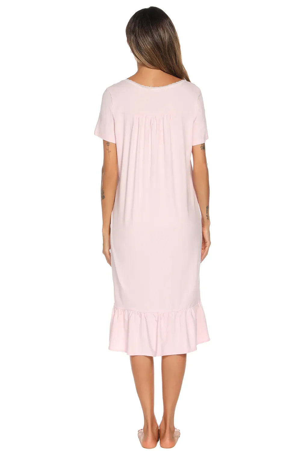 Blush Pink lounge dress back view with ruffle hem detail