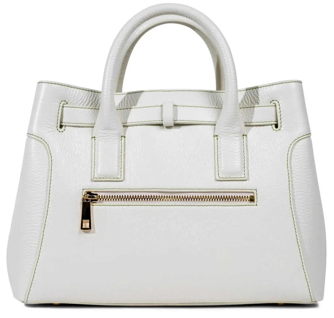THE SHARON CLAUDIA Handtasche in Creme, Front mit Mittelreißverschluss und Steppnähten
