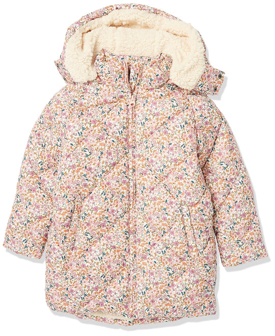 Cream floral long quilted puffer coat with sherpa-lined hood and zip front
