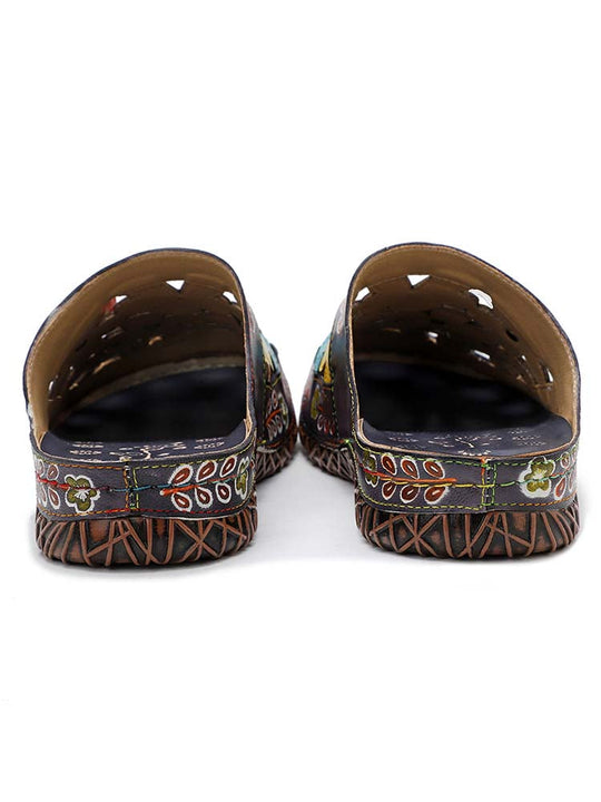 Handmade colorful slippers with floral embroidery strap, open-toe front view