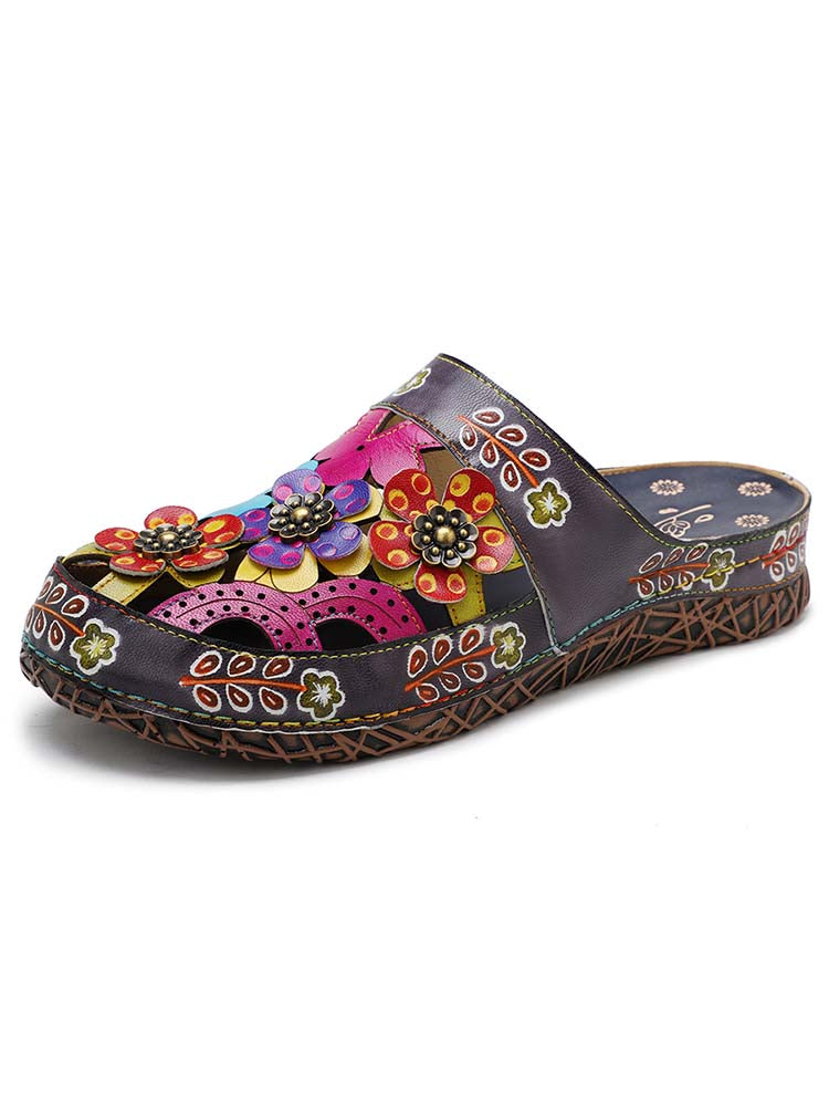 Handmade floral slippers, dark gray with colorful flower appliqués and bead details