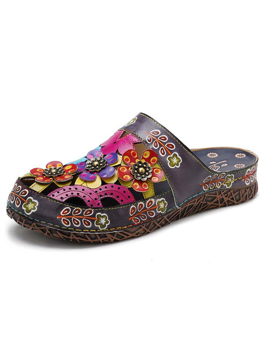 Handmade floral slippers, dark gray with colorful flower appliqués and bead details
