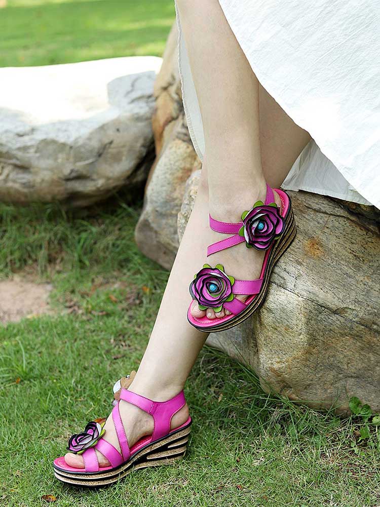 Handmade pink wedge sandals with rose appliqué and double ankle straps