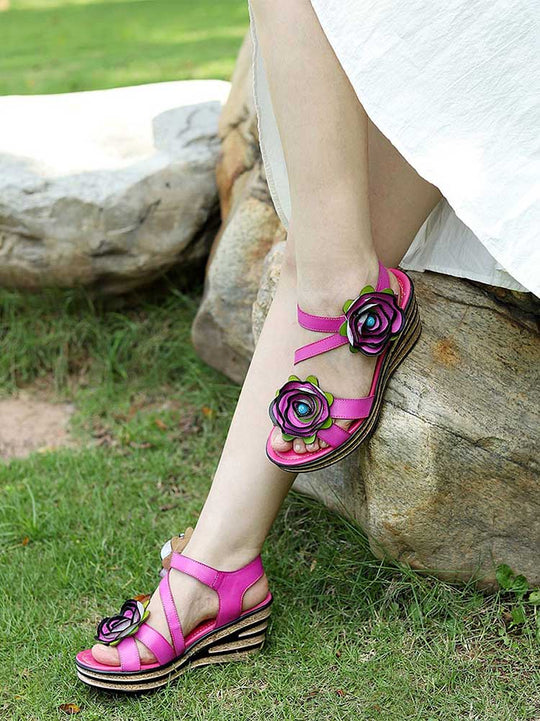 Handmade pink wedge sandals with rose appliqué and double ankle straps