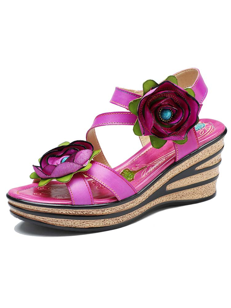 Gorgeous handmade rose wedge sandals in pink with large burgundy flower accents
