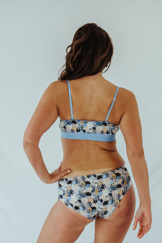 Panther print underwear briefs, back view with blue side straps