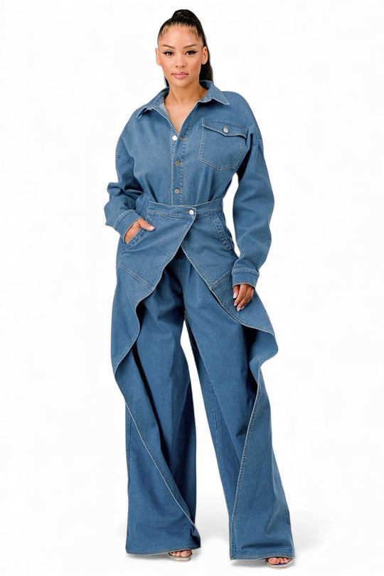 Denim draped wide-leg jumpsuit with button-front, belt tie, and flap pockets
