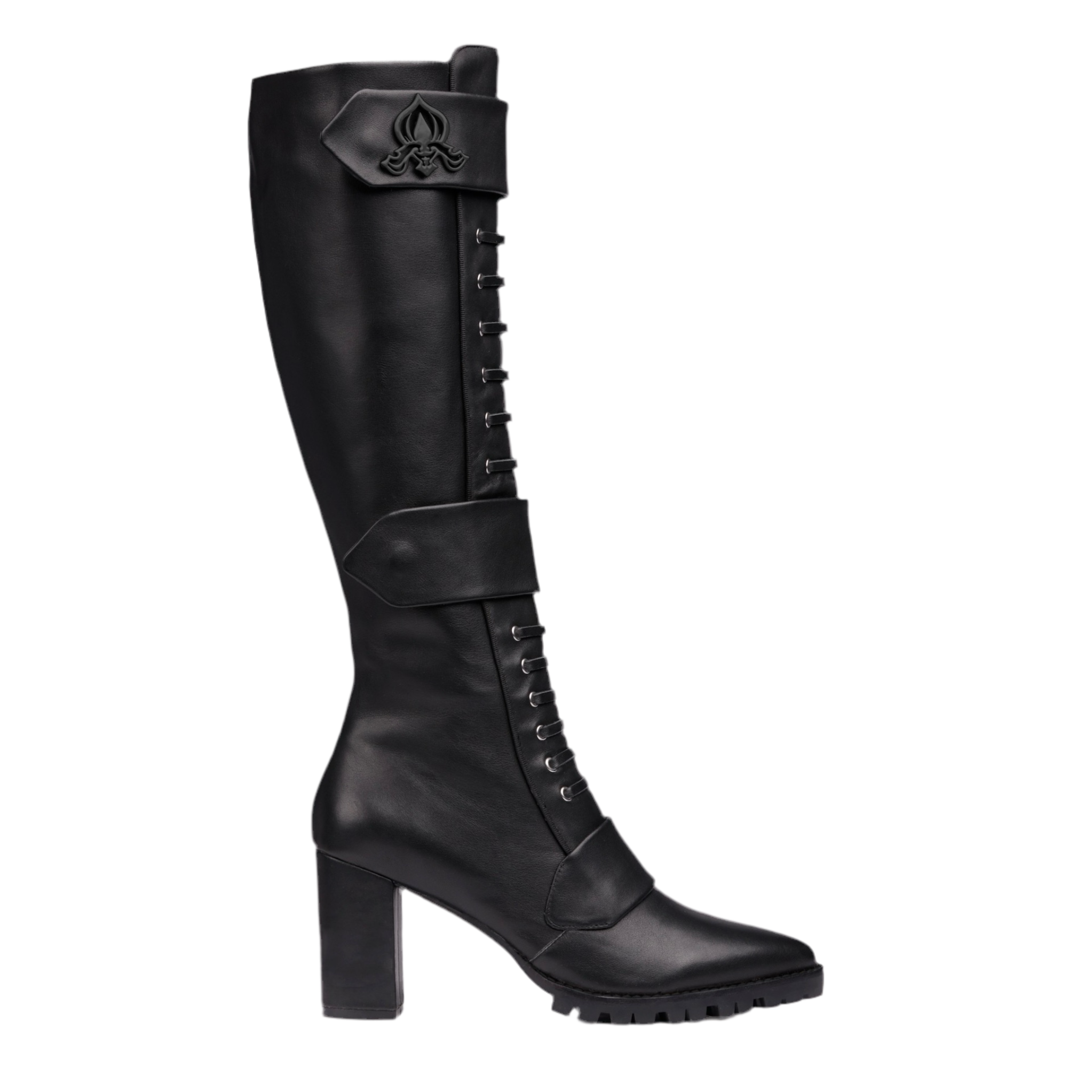Michaela V Marta black tall boots with side buckle, lace-up eyelets, block heel