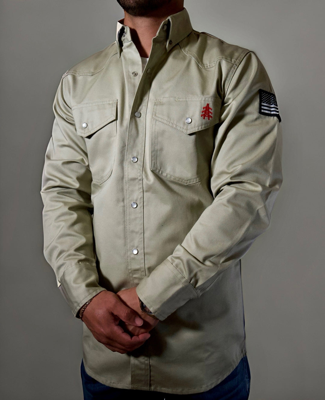 Khaki FR Western shirt with pearl-snap front and two chest pockets