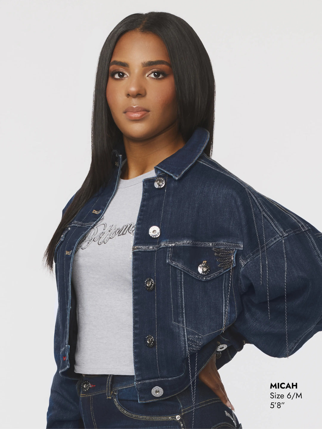Denim chain-link jacket with stand collar, snap buttons, and flap chest pockets