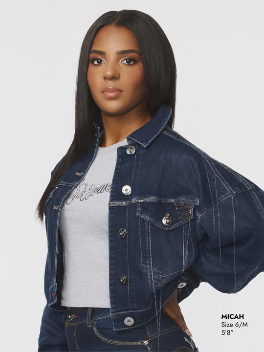 Denim chain-link jacket with stand collar, snap buttons, and flap chest pockets