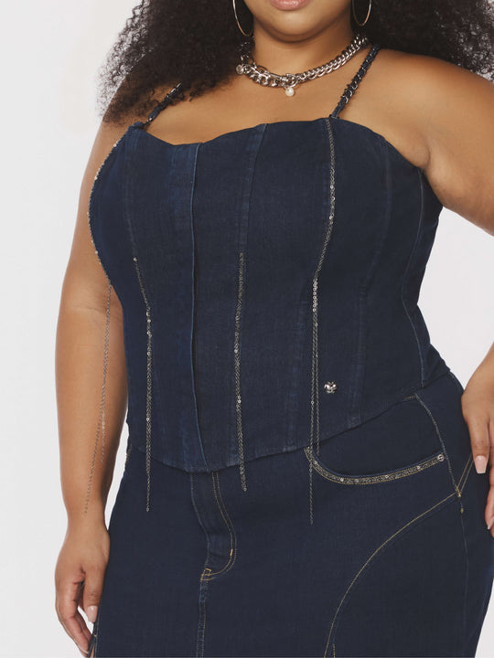 Chain Link Bustier denim corset front with long chain drape and small pendant