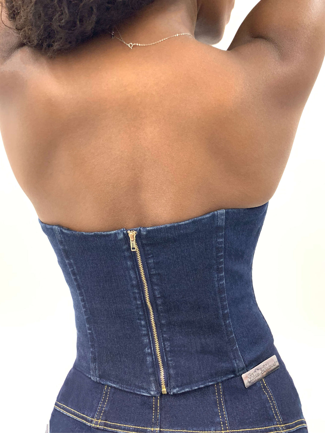 Chain Link Bustier denim corset back with gold zipper and adjustable straps