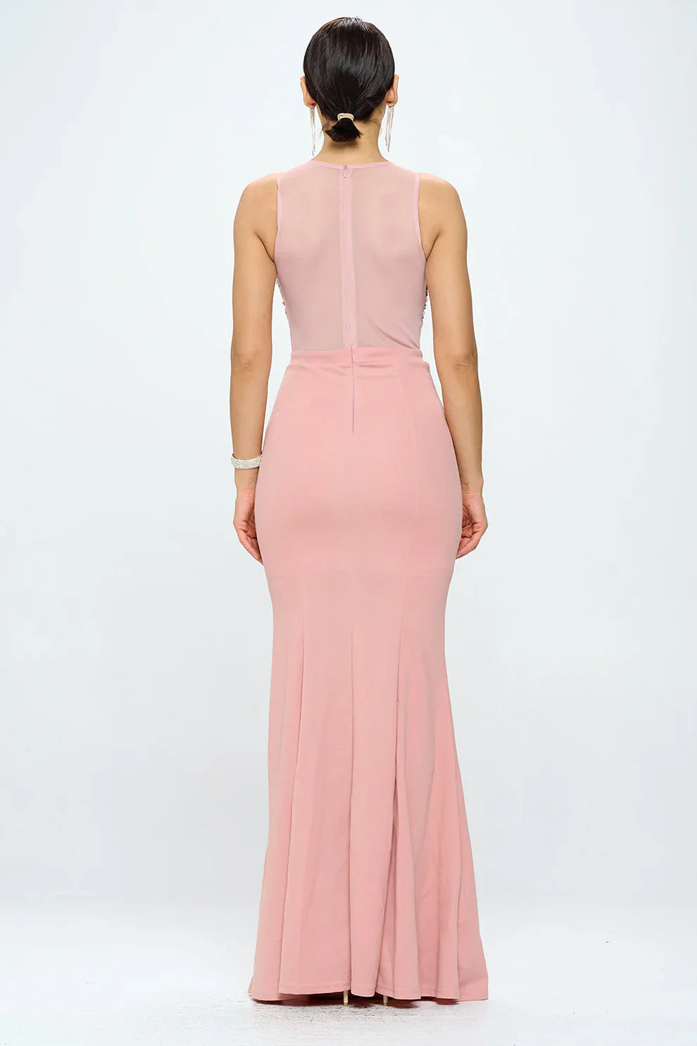 Back view pink floor-length maxi dress with open back and long fitted skirt
