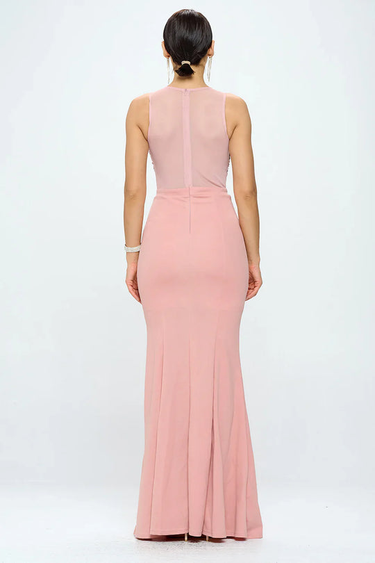 Back view pink floor-length maxi dress with open back and long fitted skirt