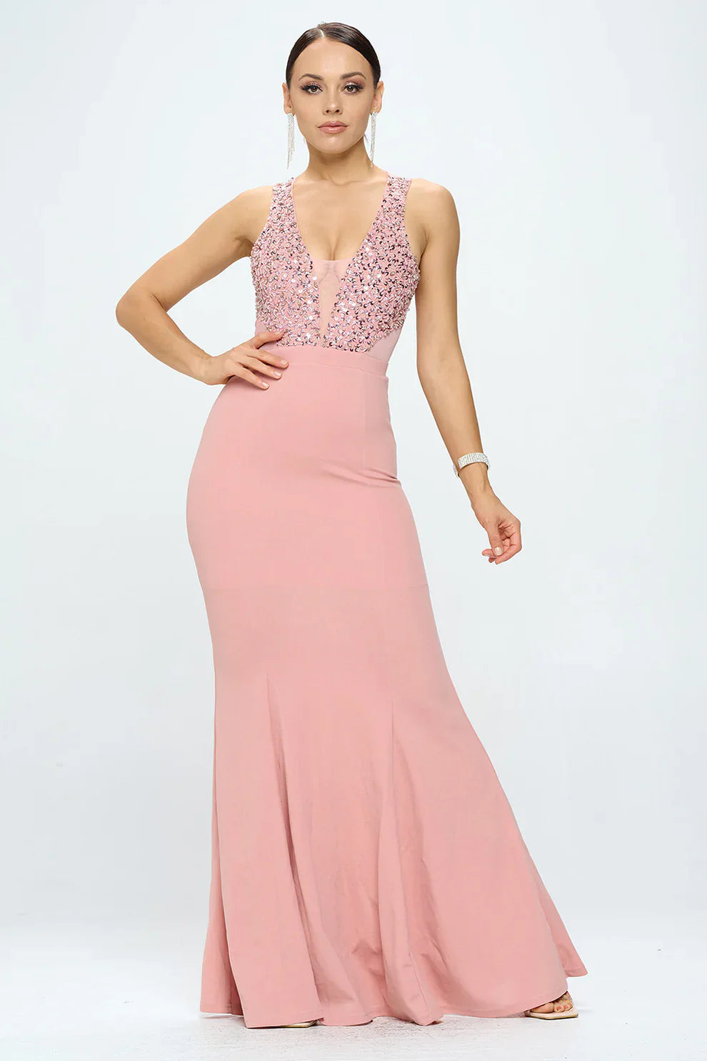 Pink rhinestone V-neck maxi dress with sleeveless bodice and flowing mermaid hem