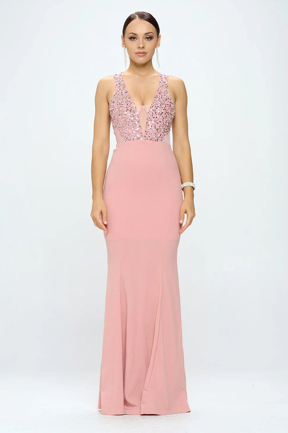 Pink maxi dress with deep V neckline and rhinestone trim on the bust, sleeveless
