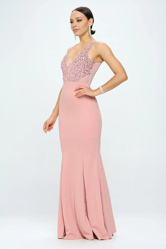 Pink floor-length maxi dress with rhinestone V-neckline and front slit