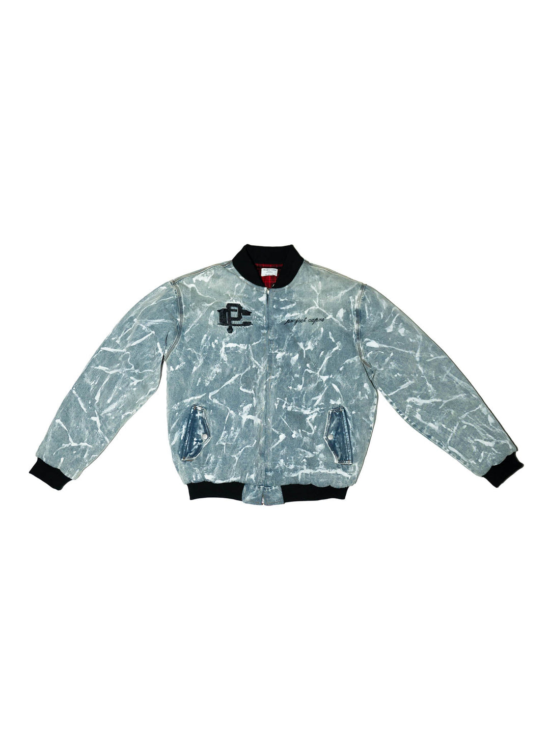 Reversible graffiti bomber: light blue mottled front with small black chest logo