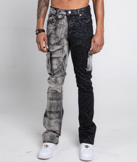 AJ33SK-2 Stacked Jeans: schwarzes Lace-Muster, Cargo-Taschen, Knopfverschluss