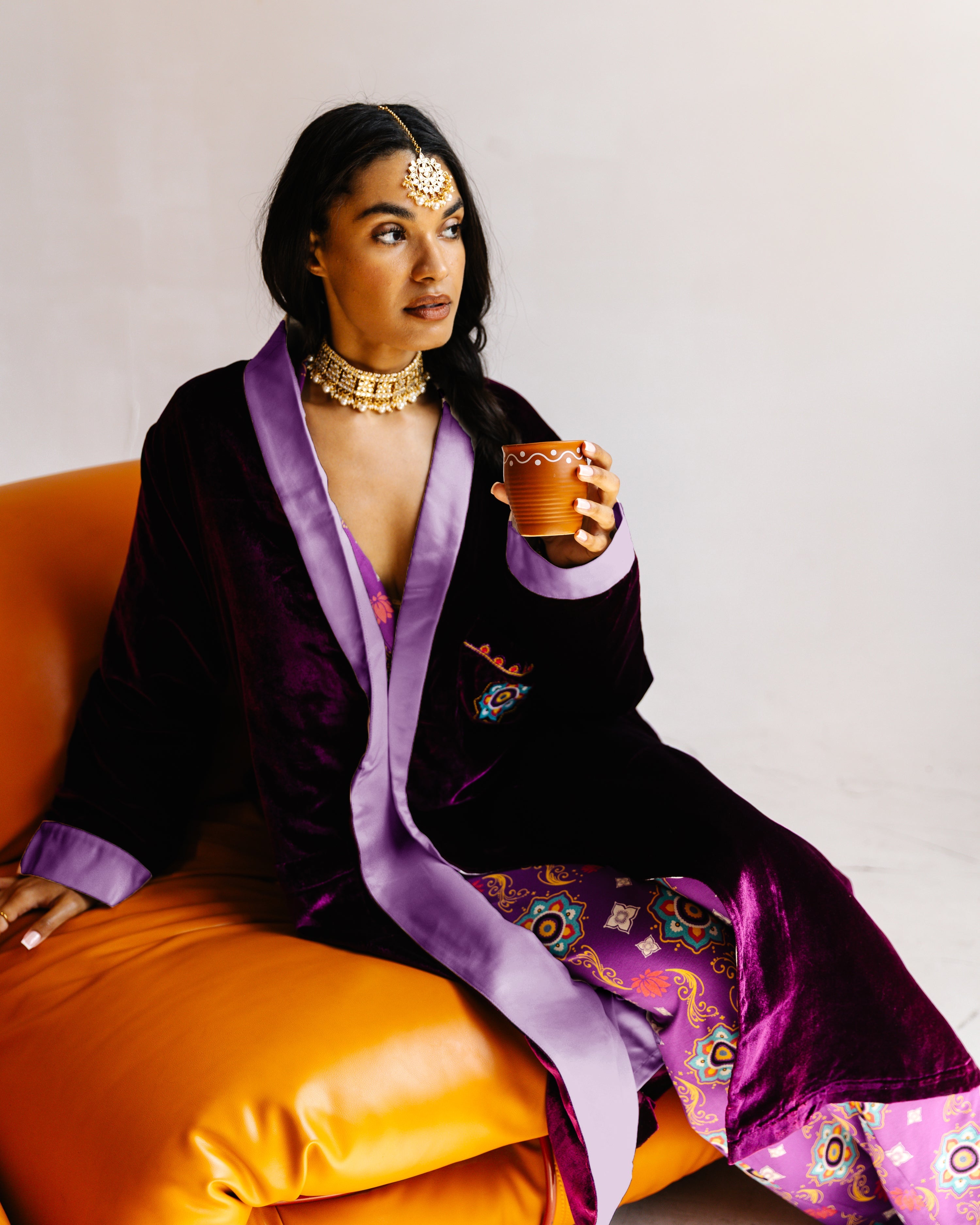 Adult Velvet & Satin Robe in Purple, V-neck with contrast satin trim