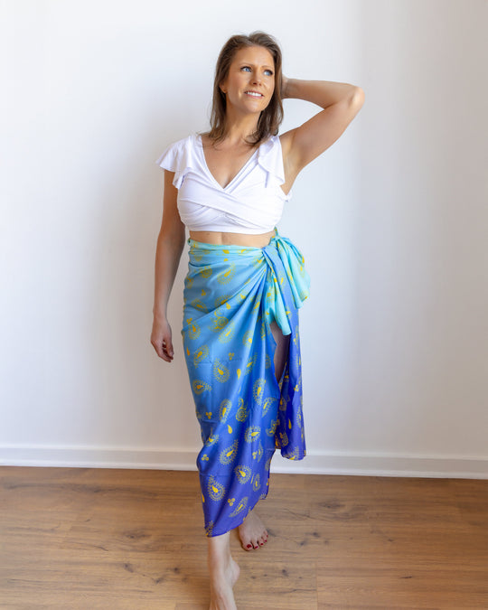 Peacock henna swim cover-up, blue wrap skirt with yellow paisley print