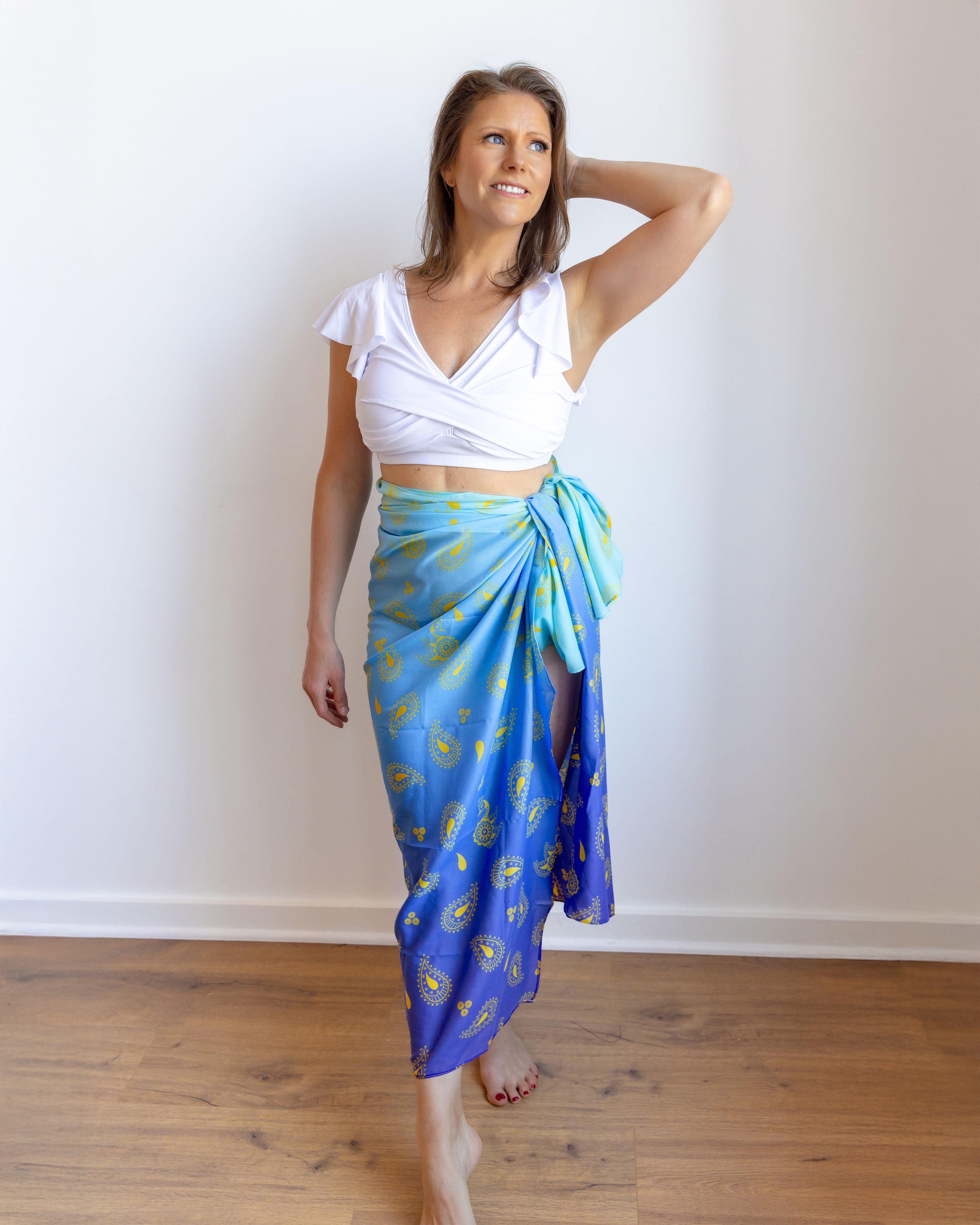 Peacock henna swim cover-up, blue wrap skirt with yellow paisley print
