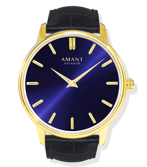 ATLANTIS wristwatch with dark blue dial, gold markers, and black leather strap