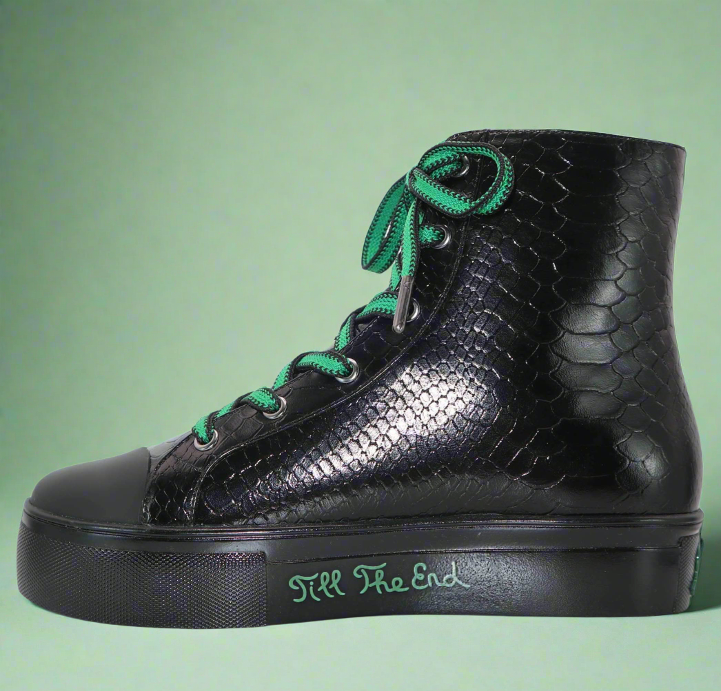 Black high-top sneaker with embossed crocodile pattern, green laces and side zipper