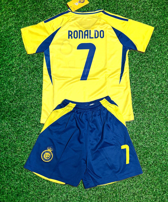 Yellow and blue kids soccer jersey and shorts set, Ronaldo 7 back print