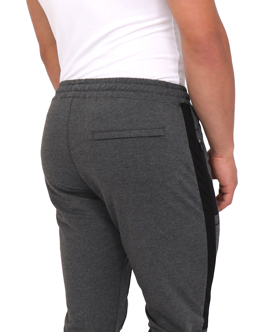 Dark grey heather joggers with front seam lines and side stripe panel