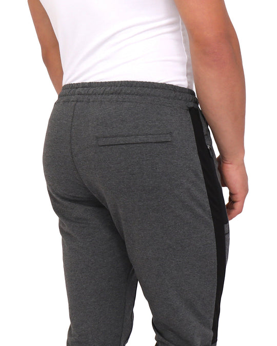 Dark grey heather joggers with front seam lines and side stripe panel