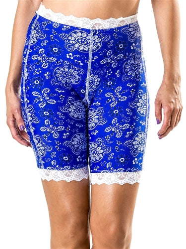 Blue bandana bloomers with lace hem and vertical front seam